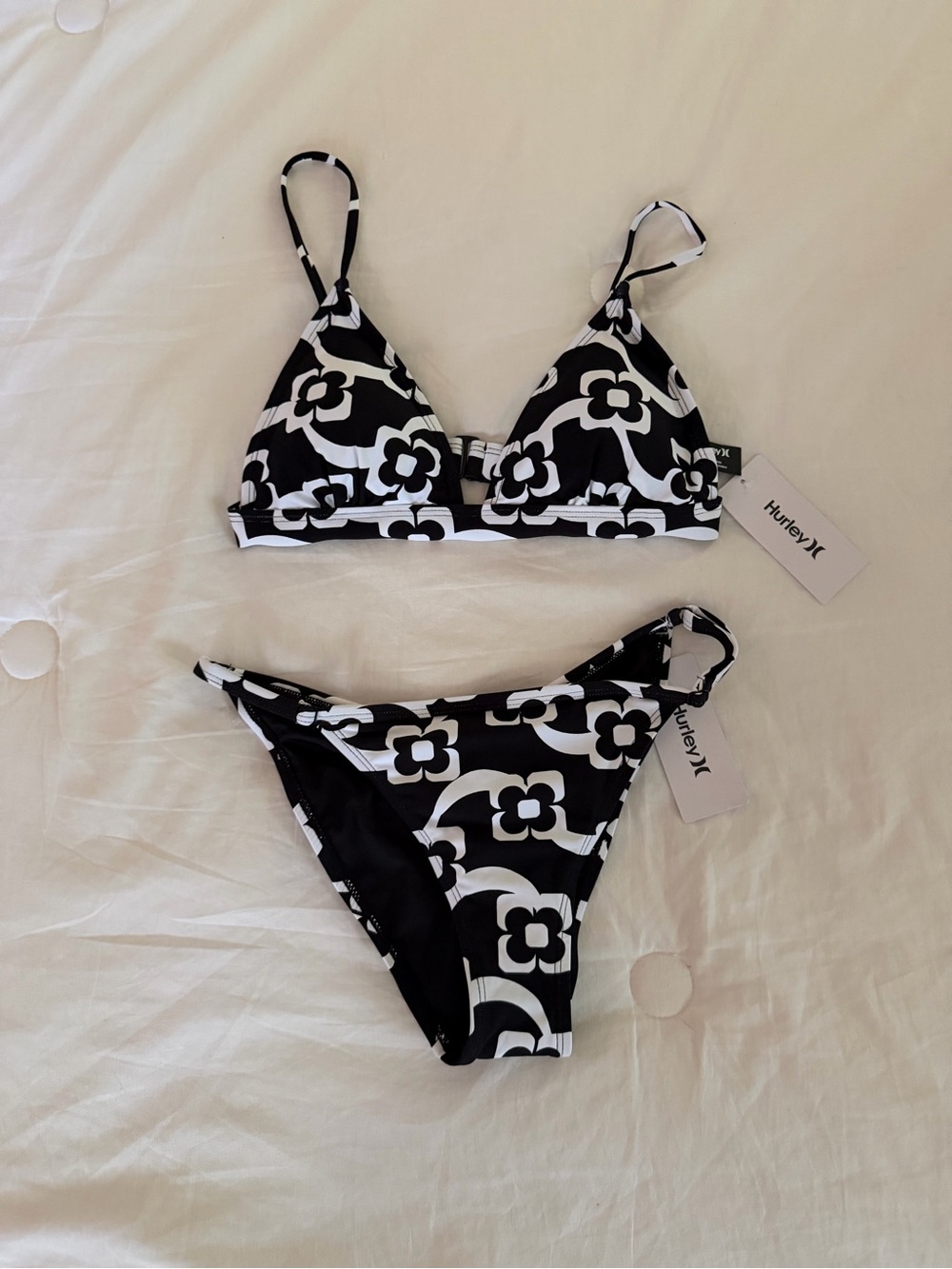 Hurley Black and White Floral Triangle Bikini SET size LARGE